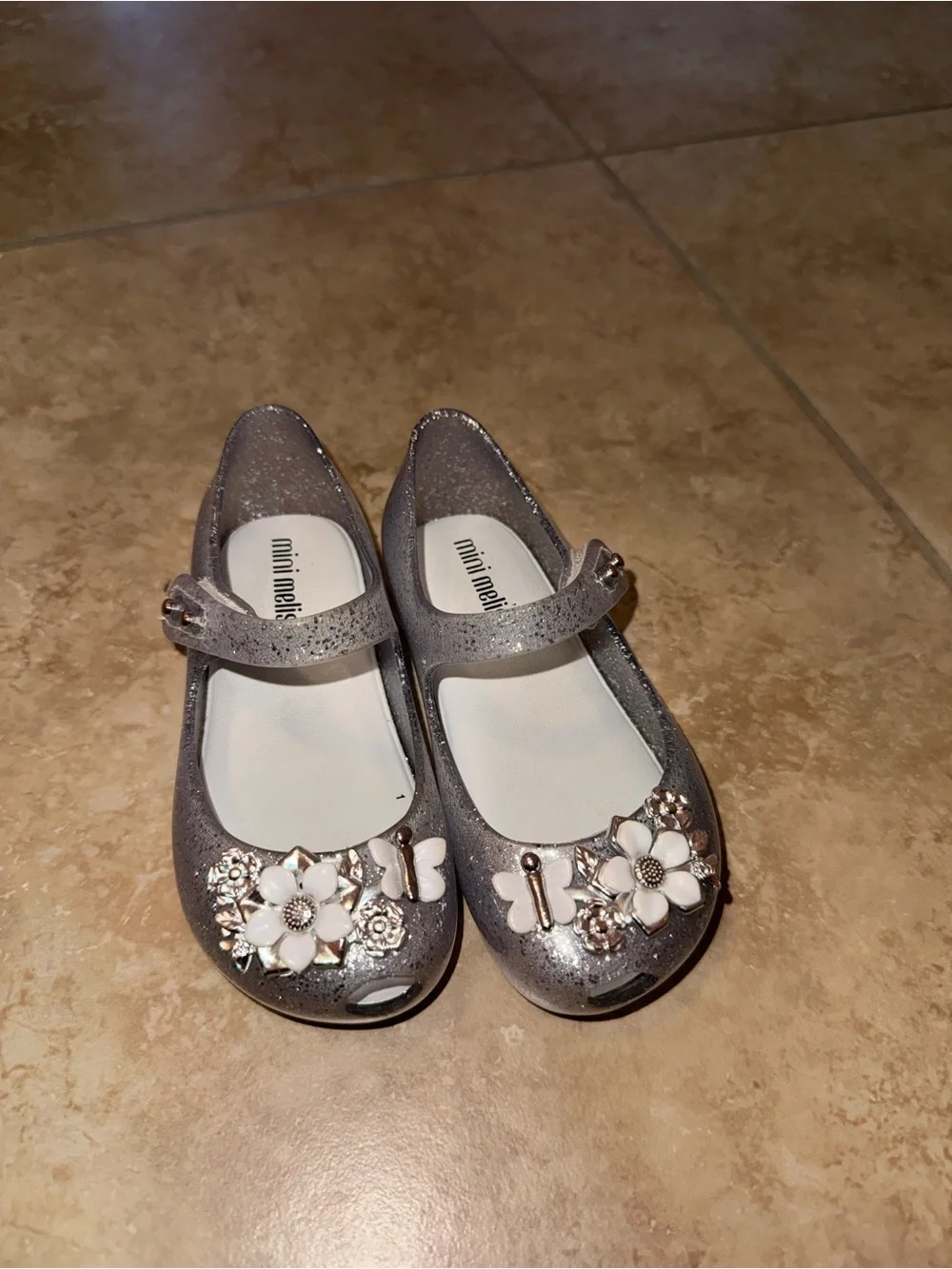 Mini Melissa Silver Glitter Mary Janes with Floral Charms